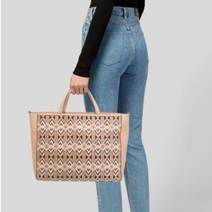 Tory Burch tan embroidered tote bag